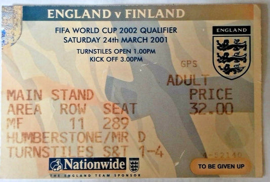 England v Finland Match Ticket World Cup Qualifier Saturday 24th March 2001