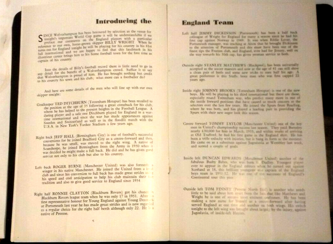 England v Denmark World Cup Qualifier Programme December 5th 1956 @ Molyneux. Duncan Edwards