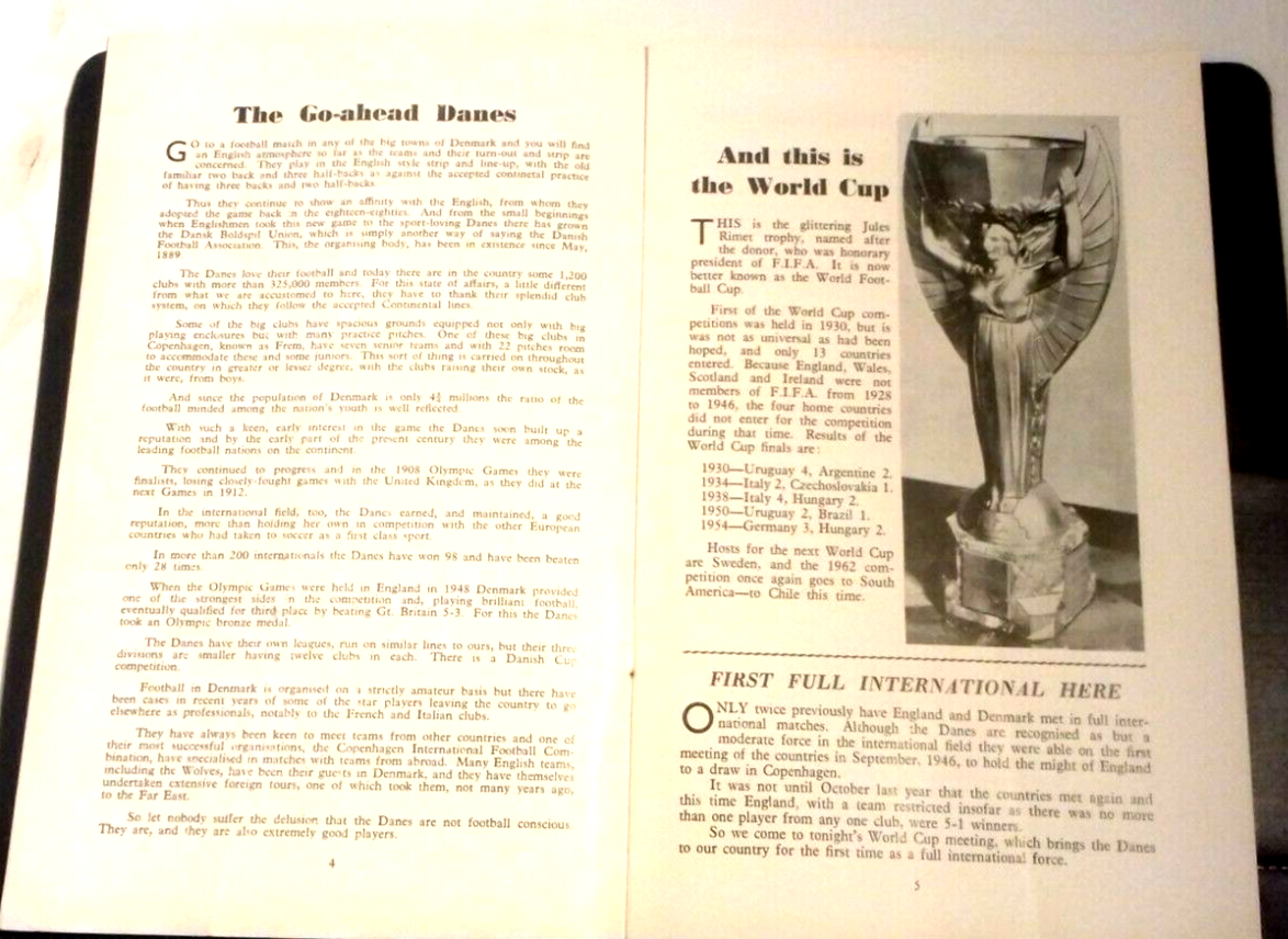 England v Denmark World Cup Qualifier Programme December 5th 1956 @ Molyneux. Duncan Edwards