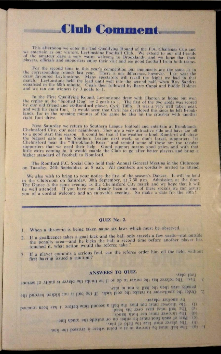 Romford v Leytonstone Match Programme F.A. Cup 2nd Qualifying Round 23/9/1961.