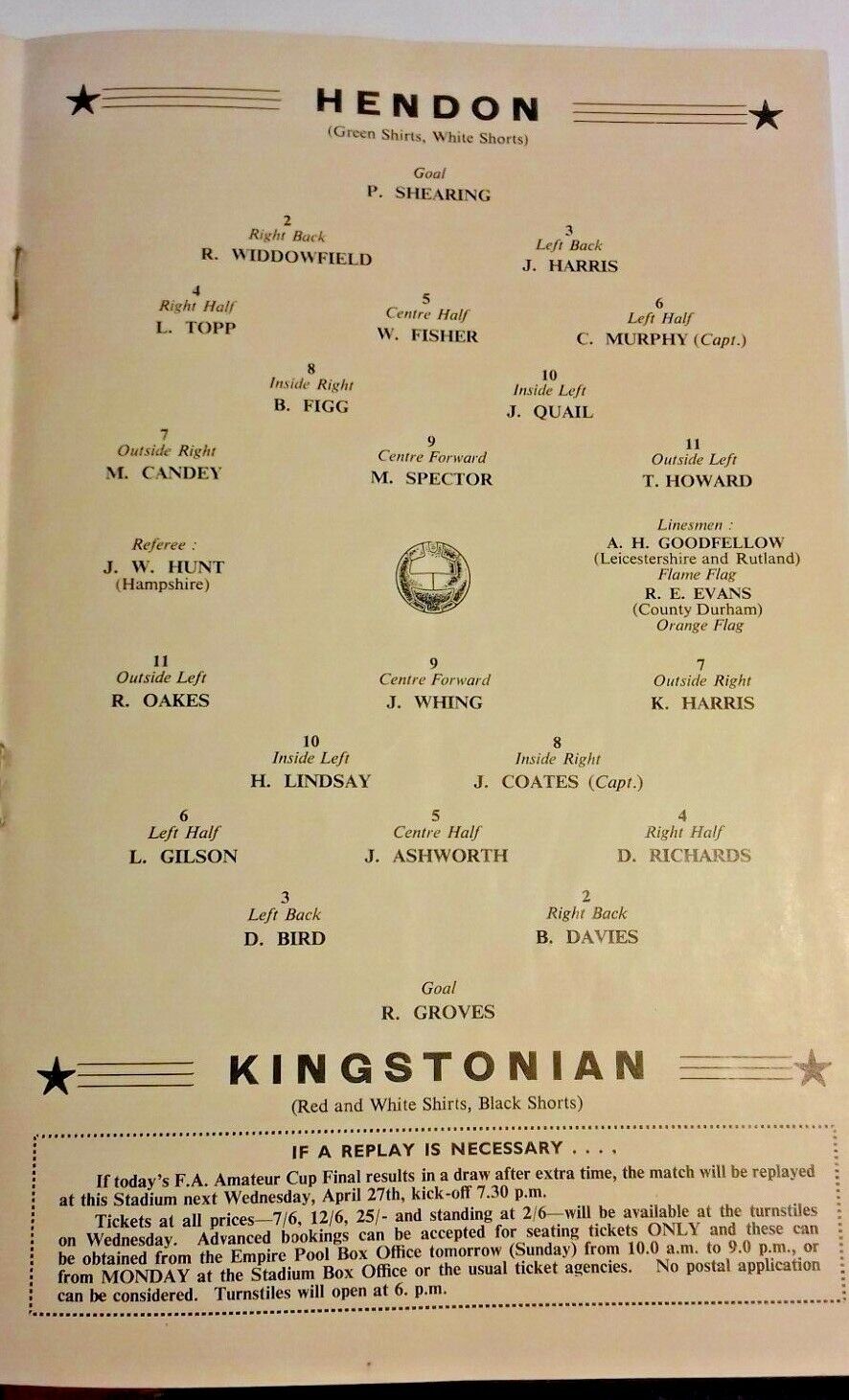 Hendon v Kingstonian F.A. Amateur Cup Final Programme 23rd April 1960 Wembley.