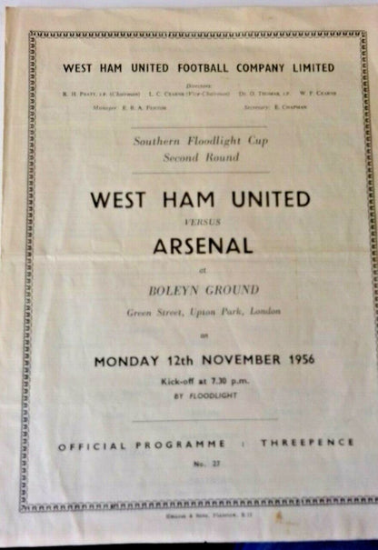 West Ham Utd v Arsenal Football Match Programme Southern Floodlight Cup 2nd Round. 12/11/1956 Upton Park.