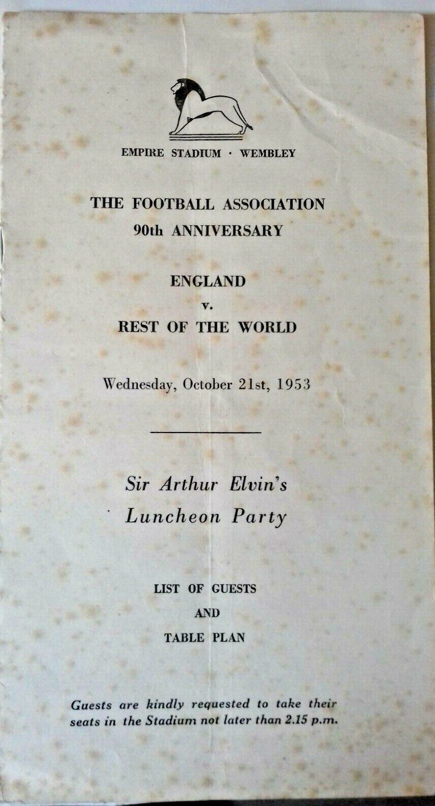 England v Rest of the World Programme + Ticket + Luncheon Party Plan 21st October 1953.