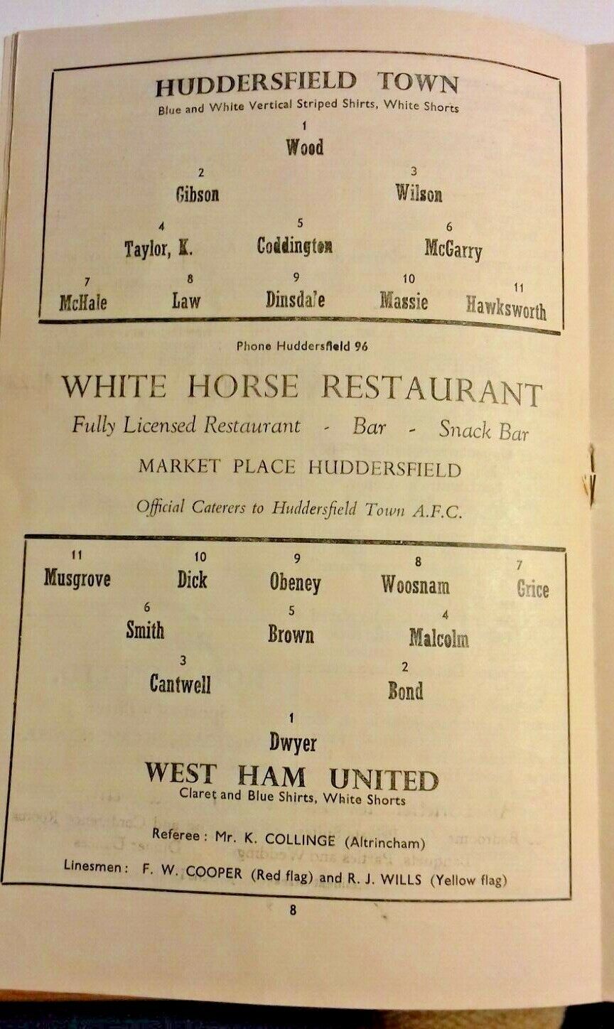 Huddersfield Town v West Ham Utd Programme F.A. Cup 3rd Round Sat. Jan. 9th 1960