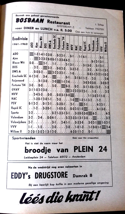 Blau Wit v P.S.V. Eindhoven Football Match Programme Eredivisie 11th February 1962.