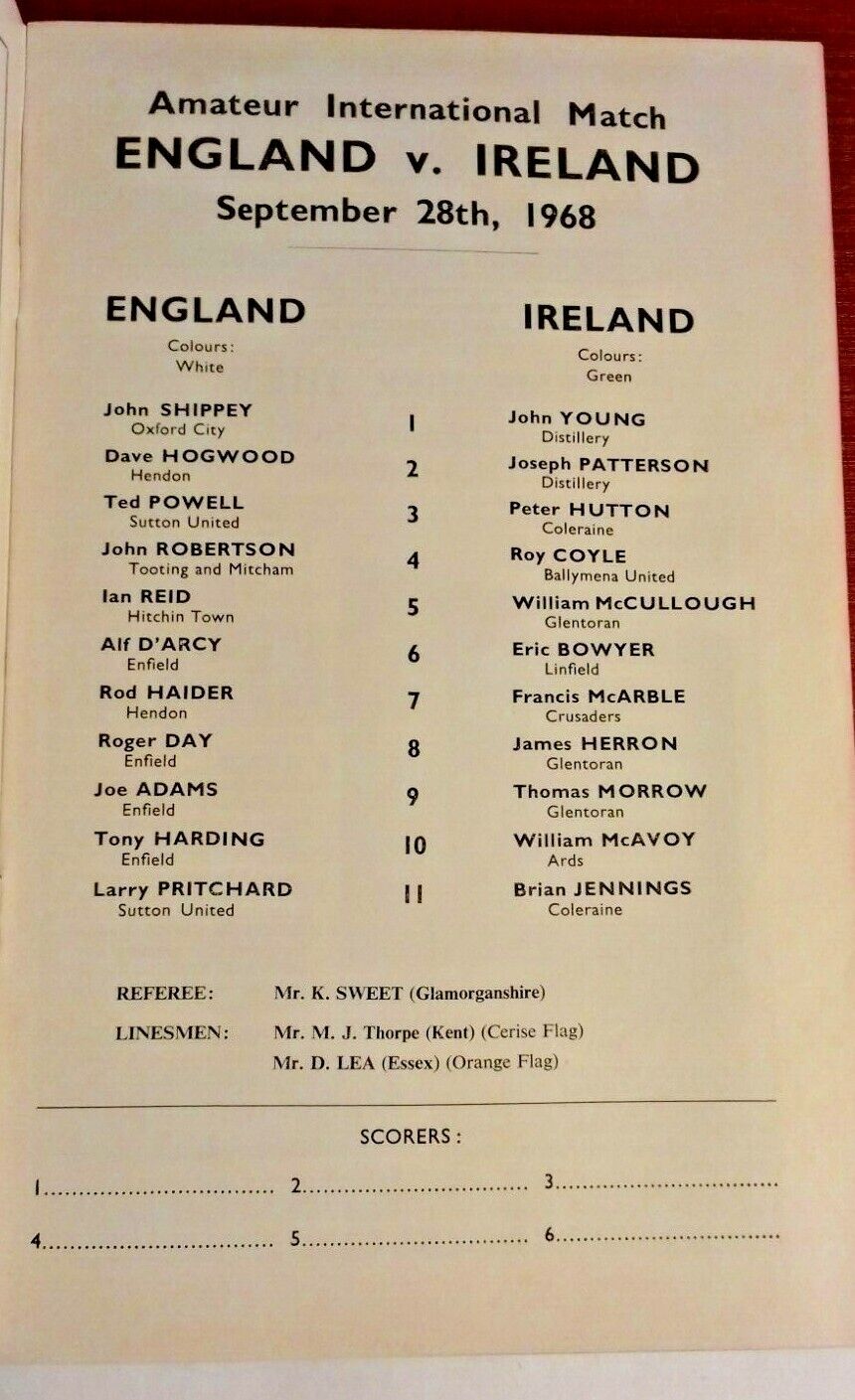 England v Ireland Amateur International Match Programme 28/9/68 Valley Charlton.