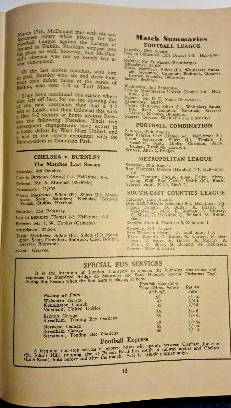 Chelsea v Burnley Football Match Programme Division 1 (Burnley Championship Season) 5/9/1959.