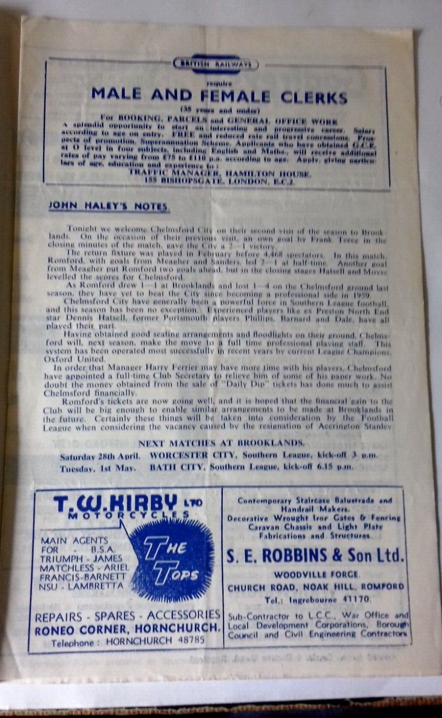 Romford v Chelmsford City Programme Reg Sheward Memorial Trophy 26th April 1962