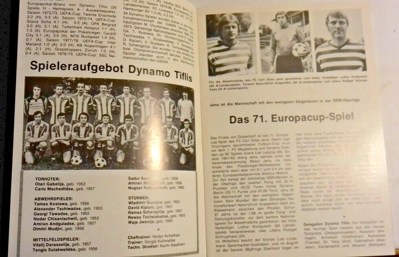 Dynamo Tiblisi v C Z Jena European Cup Winners Cup Final Used Programme 13/5/1981 Dusseldorf.