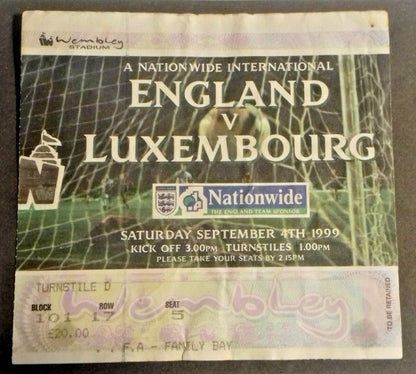 England v Luxembourg International Match Ticket Sept.4th 1999 Wembley Stadium.