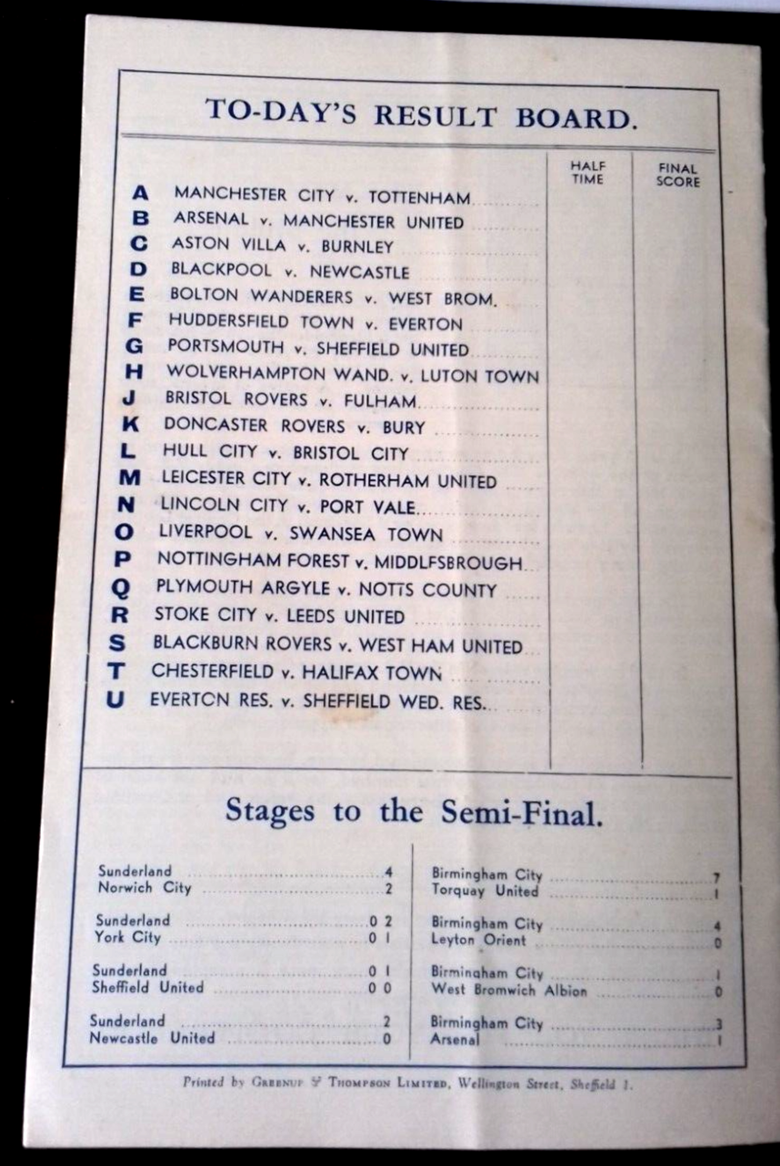 Sunderland v Birmingham City F.A. Cup Semi-Final Football Match Programme 17/3/1956 at Hillsborough