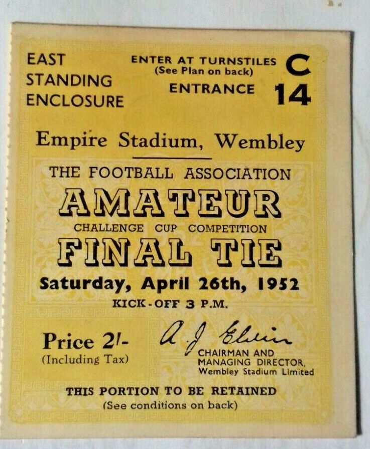 Leyton v Walthamstow Ave. F.A. Amateur Cup Final Match Ticket 26/4/1952 Wembley.