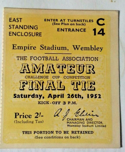 Leyton v Walthamstow Ave. F.A. Amateur Cup Final Match Ticket 26/4/1952 Wembley.