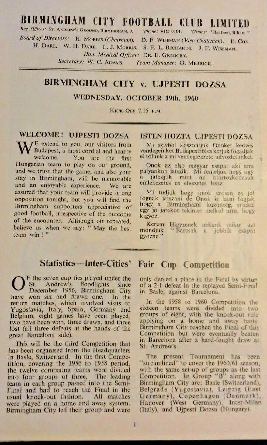 Birmingham City v Ujpesti Dozsa I.C.F.C.1st Rnd 1st Leg 19/10/1960 St. Andrews.