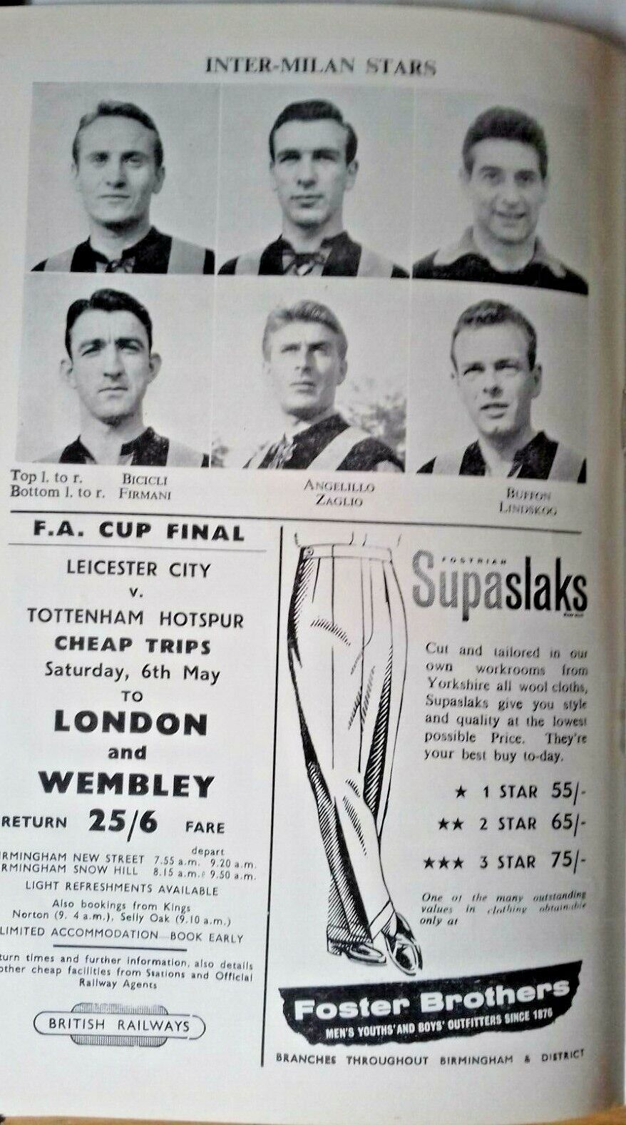 Birmingham City v Inter Milan Football Match Programme I.C.F.C. Semi - Final 2nd Leg 3rd May 1961.