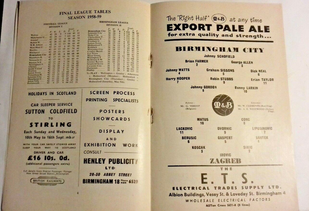 Birmingham City v Zagreb Programme I.C.F.C.Q/Final 1st Leg 6/5/1959 St. Andrews.