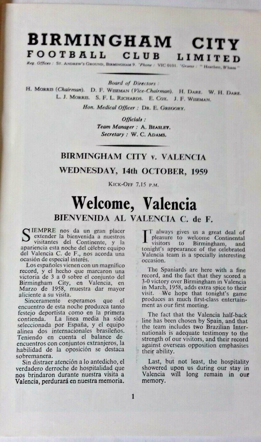 Birmingham City v Valencia Programme Floodlit Friendly 14th Oct.1959 St. Andrews