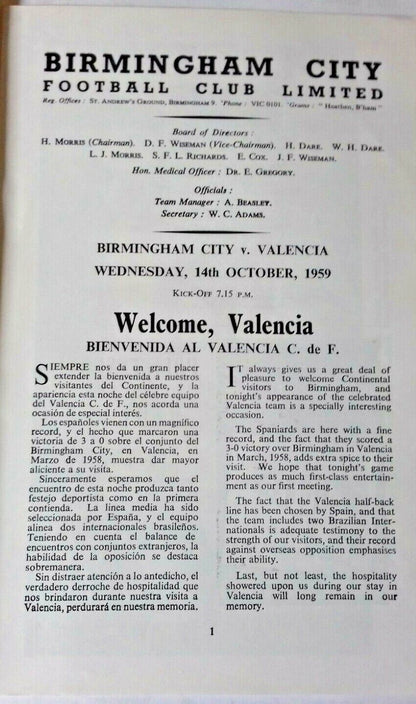 Birmingham City v Valencia Programme Floodlit Friendly 14th Oct.1959 St. Andrews