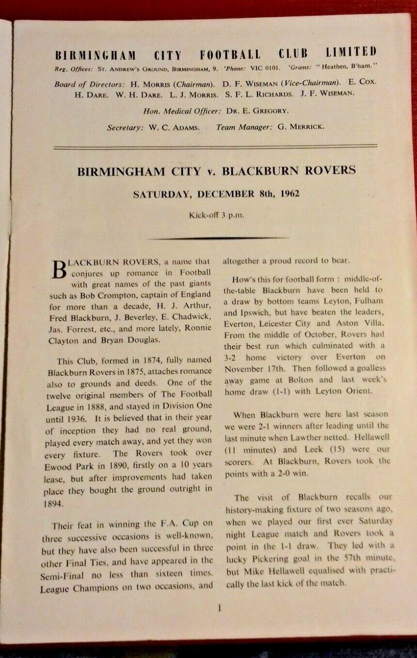 Birmingham City v Blackburn Rovers Used Programme Division1 Autographed Saturday 8/12/1962