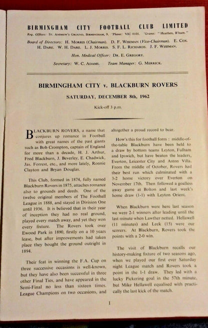 Birmingham City v Blackburn Rovers Used Programme Division1 Autographed Saturday 8/12/1962