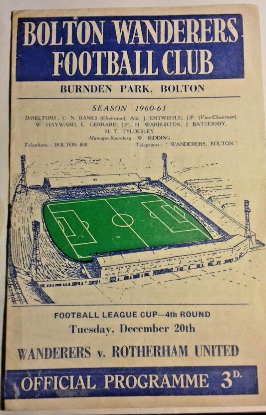 Bolton Wanderers v Rotherham Utd Football League Cup 4th Round 20/12/60 @ Bolton