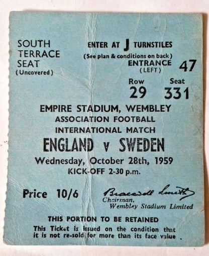 England v Sweden  Programme + Ticket October 28th 1959 Wembley Stadium.