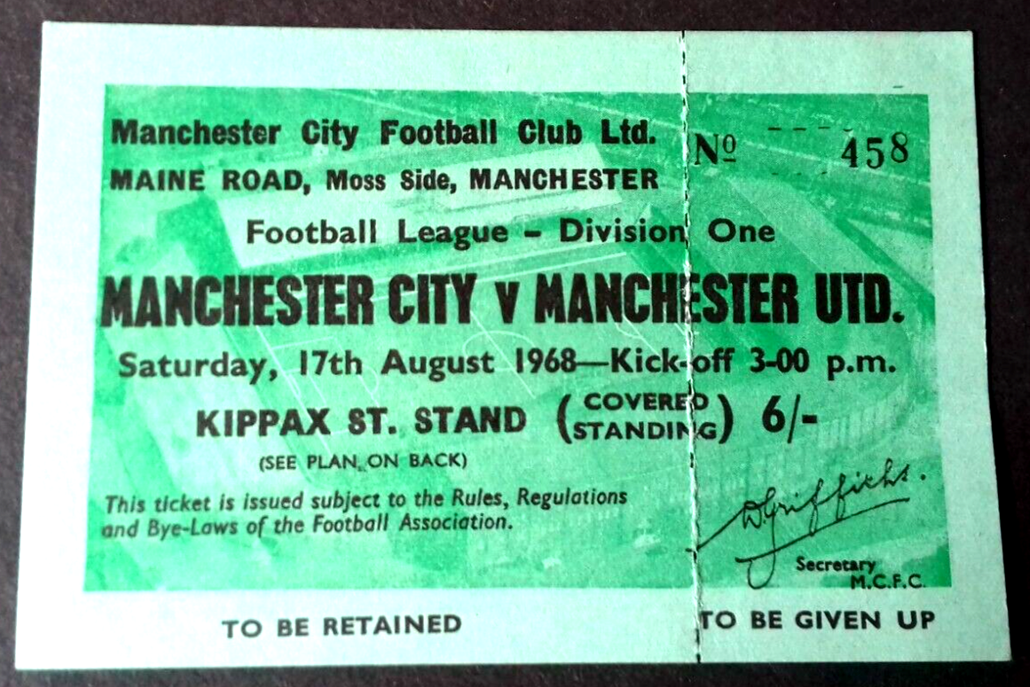 Manchester City v Manchester Utd  Match Ticket With Counterfoil Div. 1  17th August 1968.