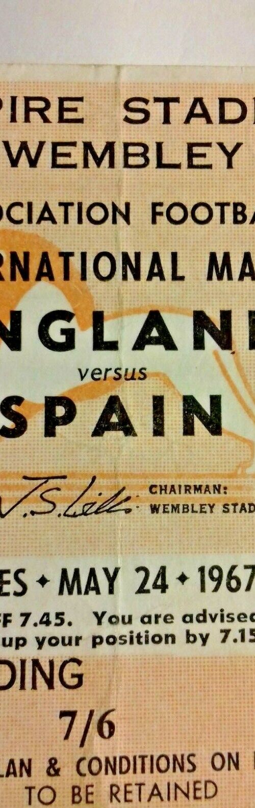 England v Spain International Football Match Ticket Wednesday 24th May 1967 Wembley.