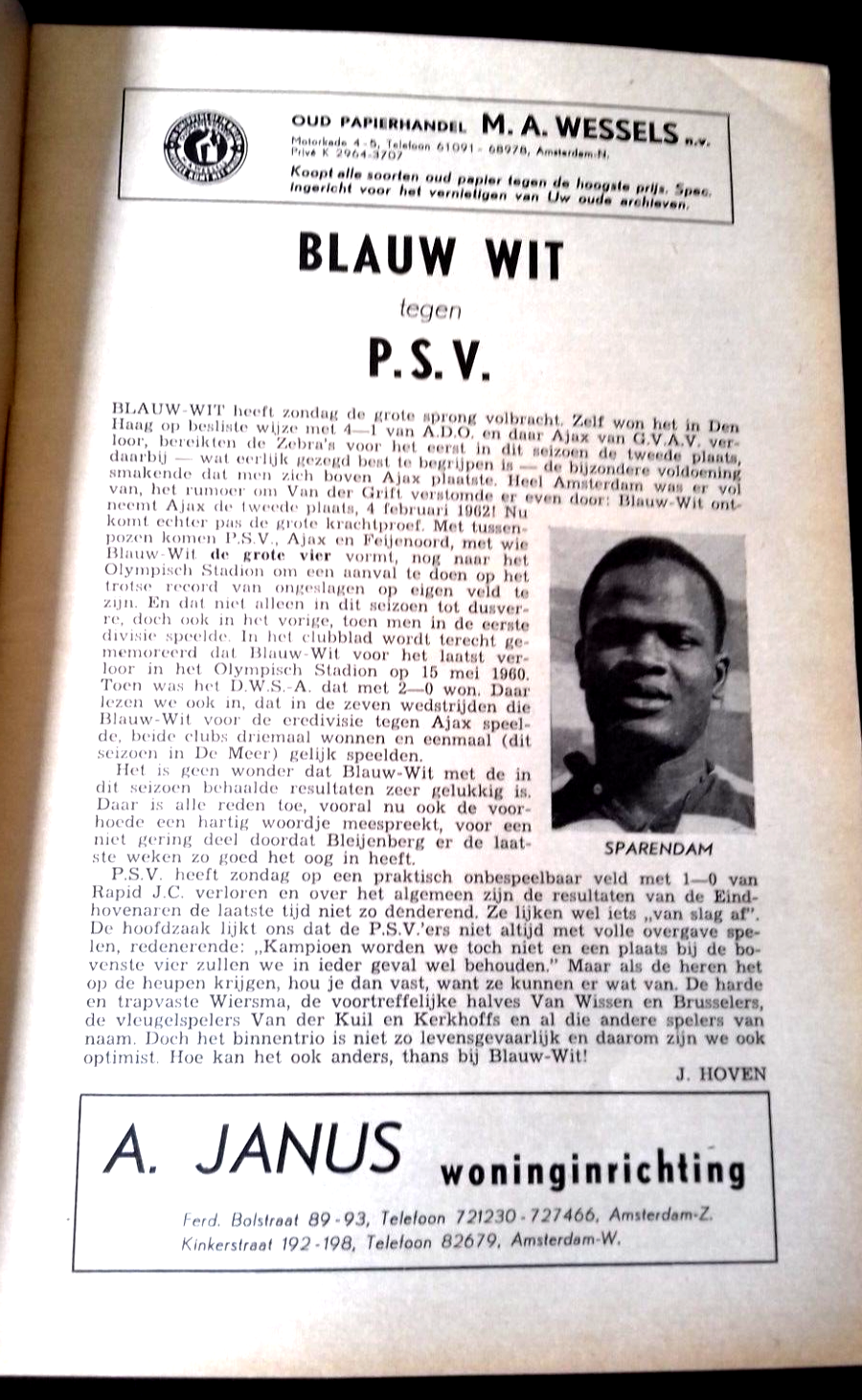 Blau Wit v P.S.V. Eindhoven Football Match Programme Eredivisie 11th February 1962.