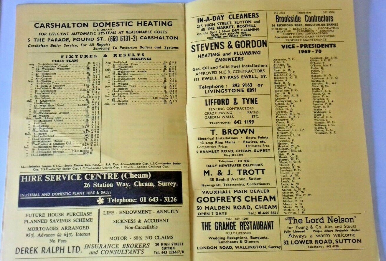 Sutton Utd v Hillingdon Boro Match Programme F.A. Cup 3rd Rnd. Replay 12/1/1970.