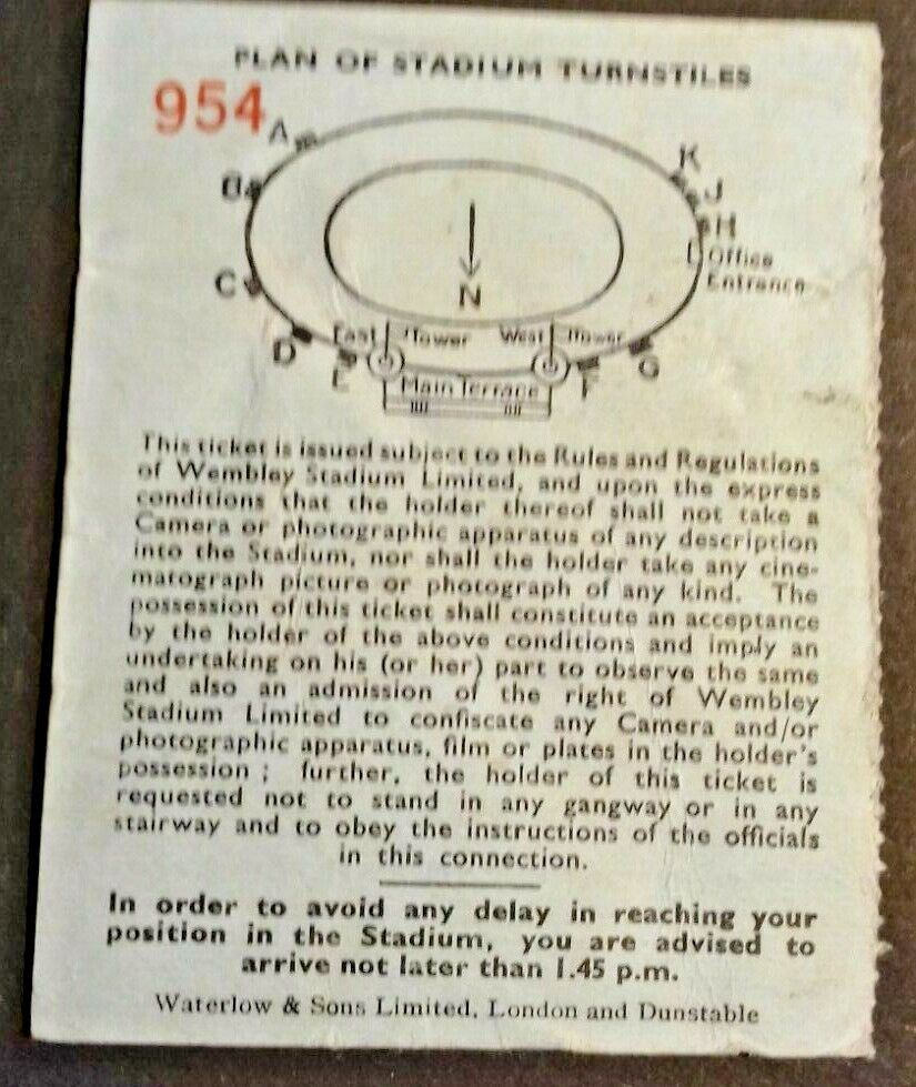 England v Wales Int. Vintage Football Match Ticket Wed. 10/11/1954 Wembley Stadium.