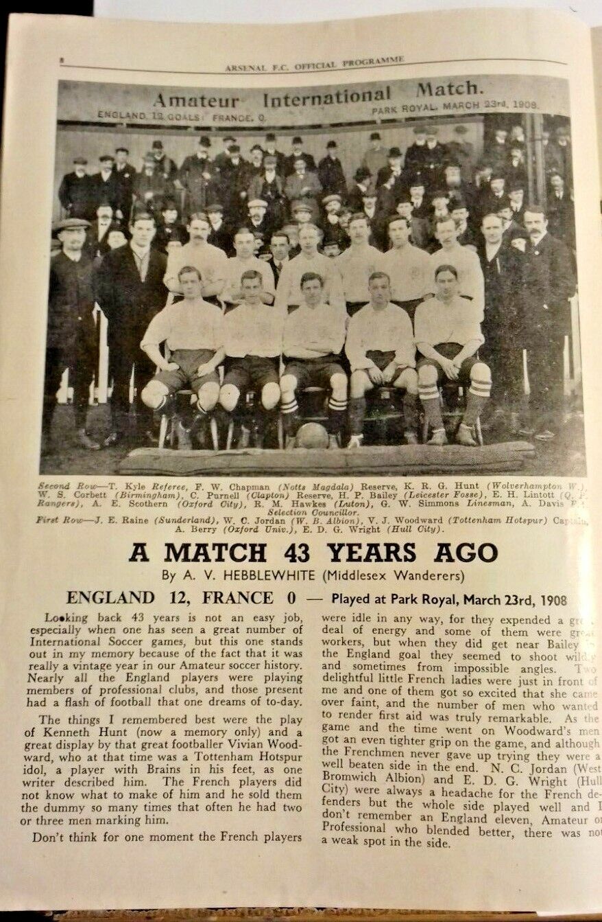 England v France Programme Festival Of Britain International 3/10/51 @ Arsenal.