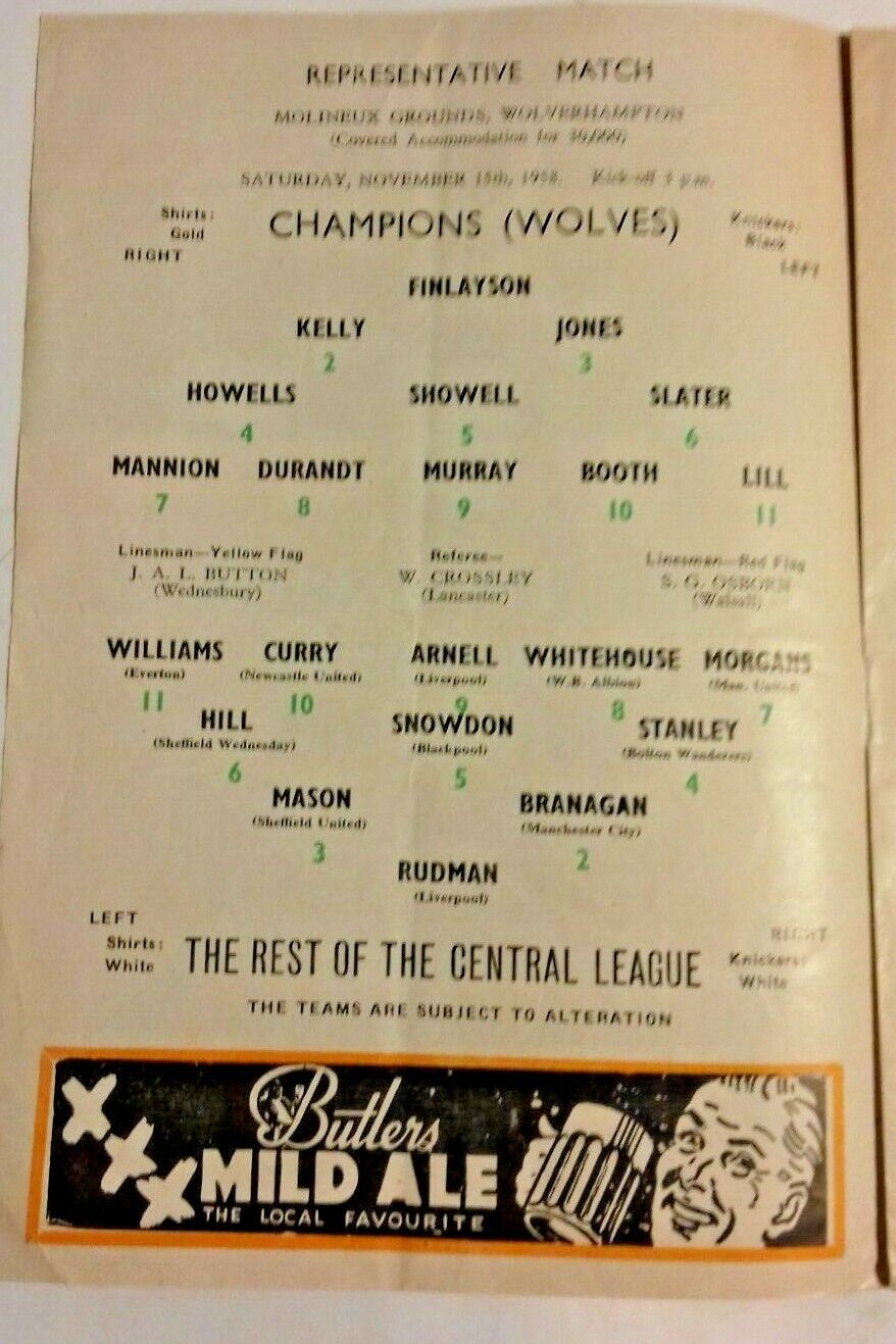 Wolves v Rest Of Central League Representative Used Football Match Programme 15/11/58 Molineux