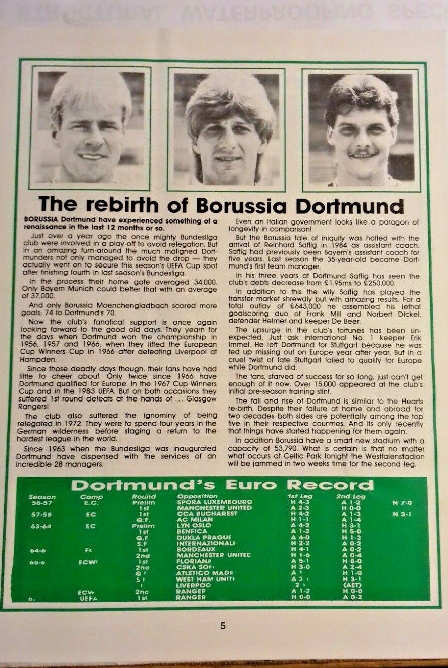 Celtic v Borussia Dortmund Football Match Programme + Ticket UEFA Cup 1st Round 1st Leg 15/9/1987