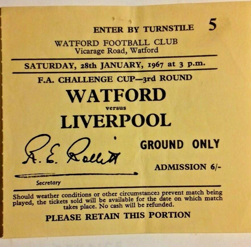 Watford v Liverpool Programme + Match Ticket F.A. Cup 3rd Round 28/1/1967.