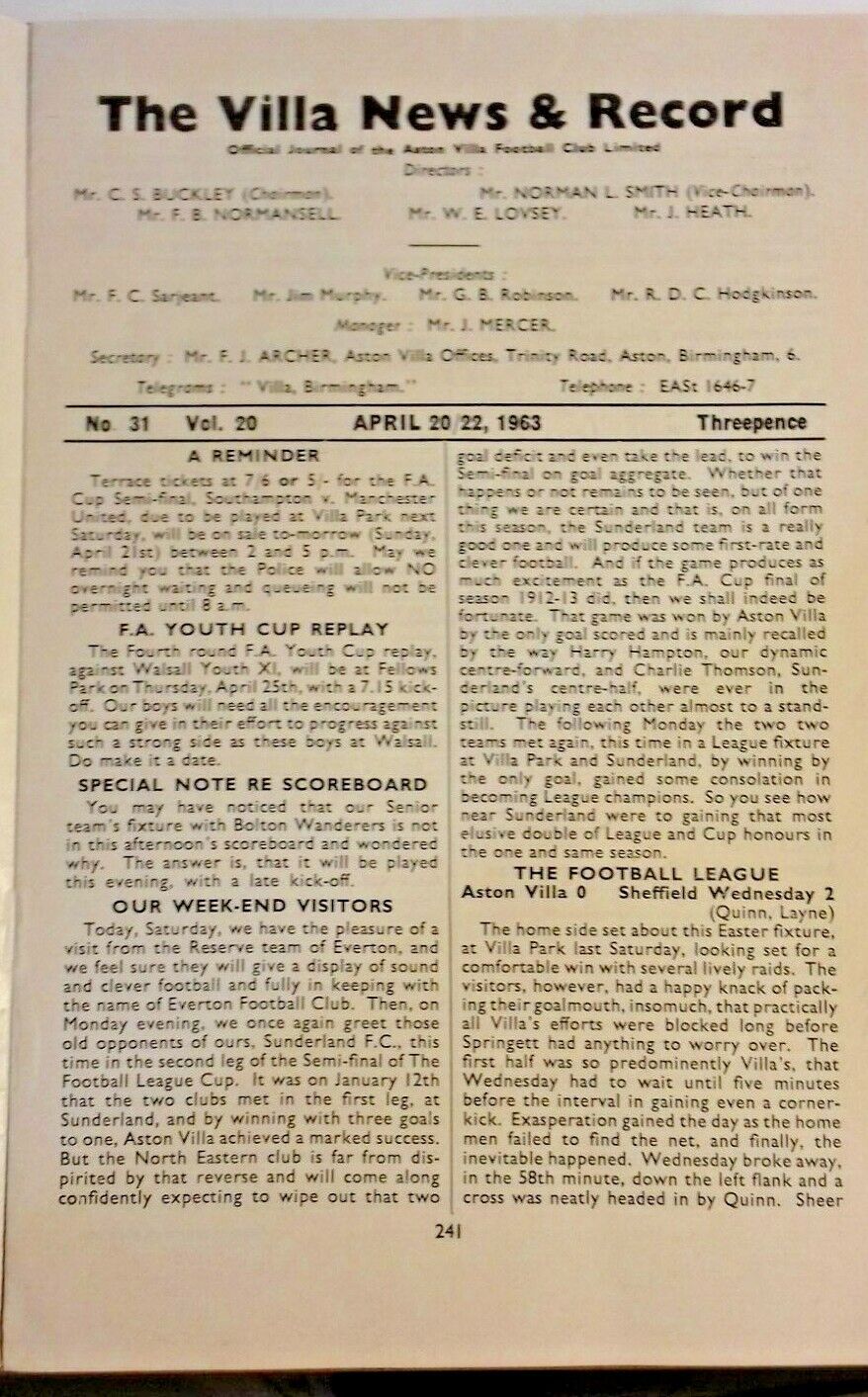 Aston Villa v Sunderland Football League Cup Semi -Final 2nd Leg Used Programme 22/4/1963.