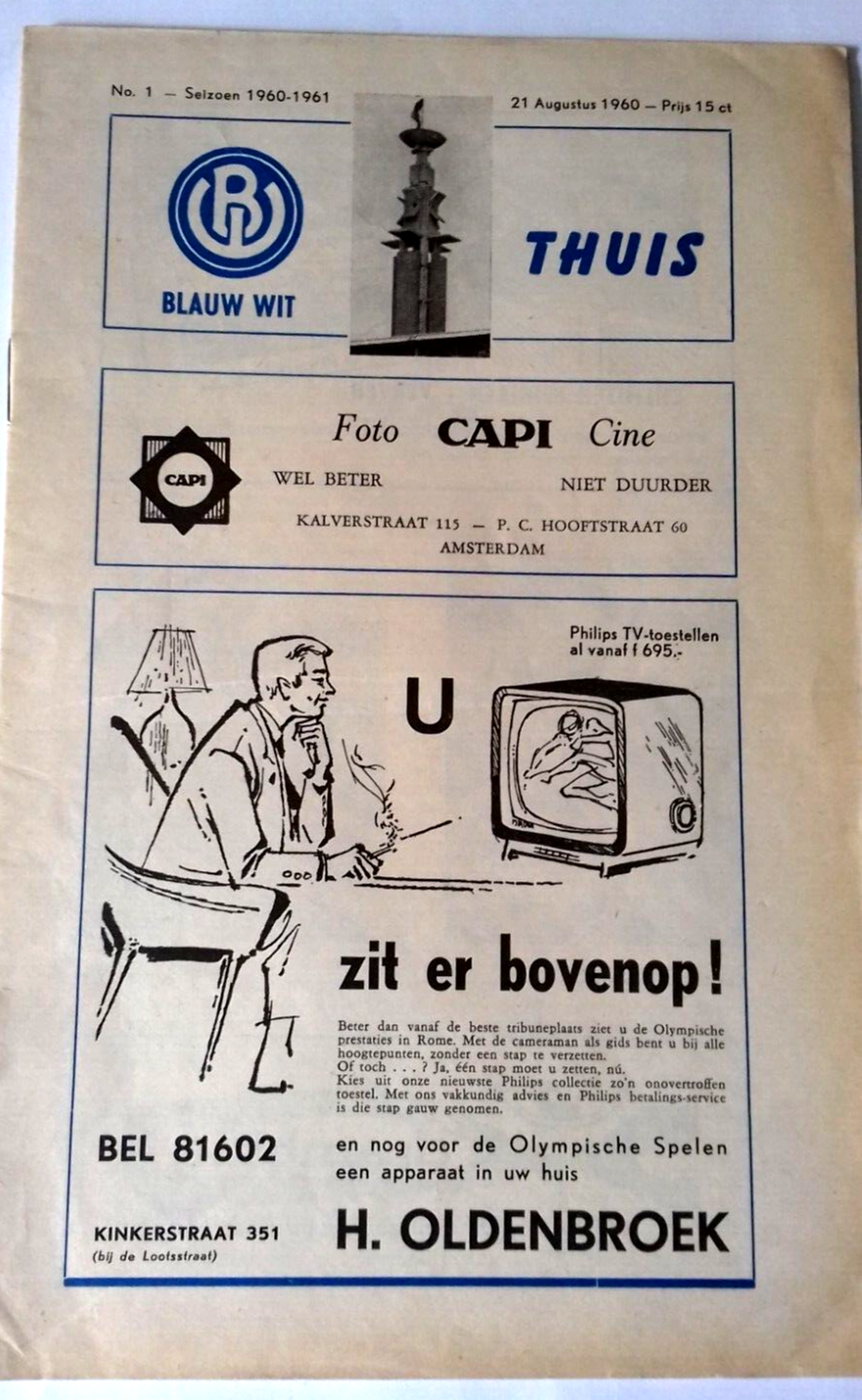 Blauw Wit v R.C.H. Match Programme Eerste Divisie B  28th August 1960.