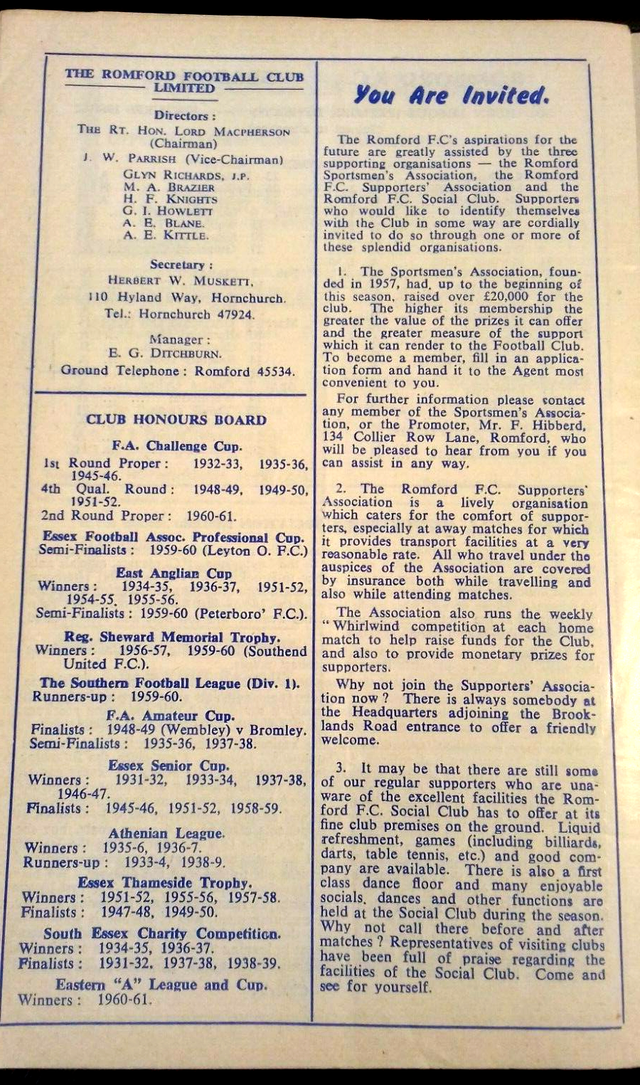 Romford v Leytonstone Match Programme F.A. Cup 2nd Qualifying Round 23/9/1961.