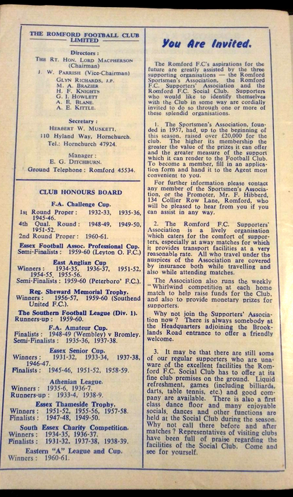 Romford v Leytonstone Match Programme F.A. Cup 2nd Qualifying Round 23/9/1961.