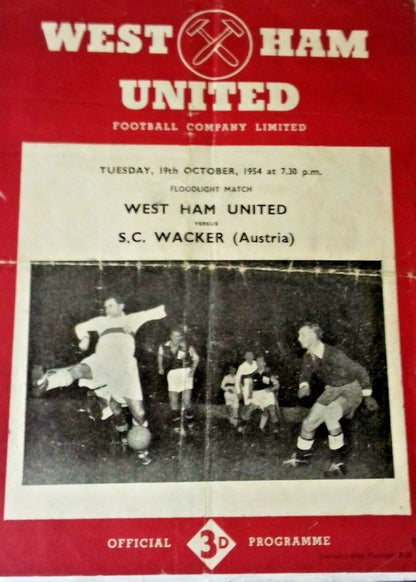 West Ham Utd v S.C. Wacker (Austria) Used Programme Friendly 19/10/1954