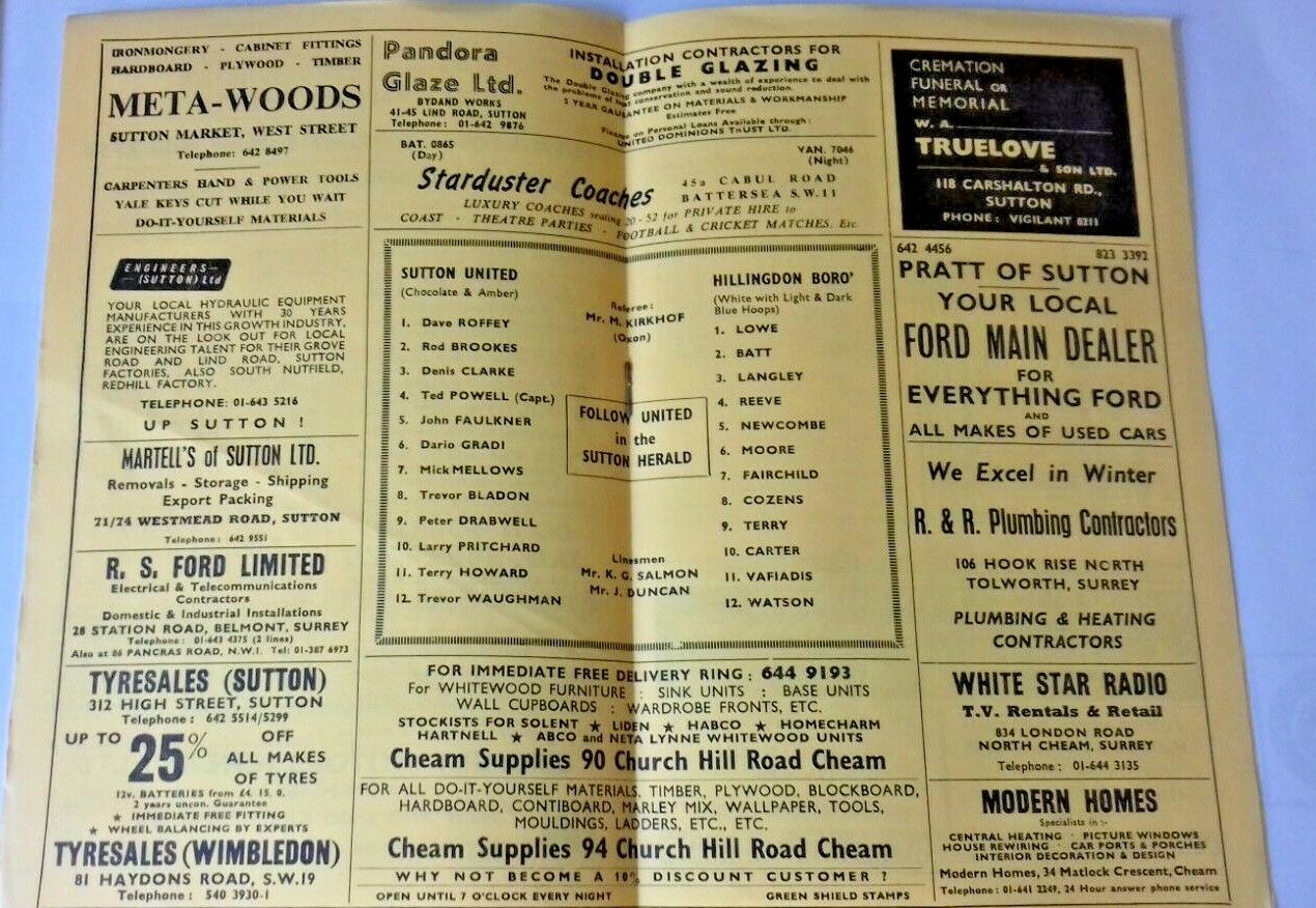 Sutton Utd v Hillingdon Boro Match Programme F.A. Cup 3rd Rnd. Replay 12/1/1970.