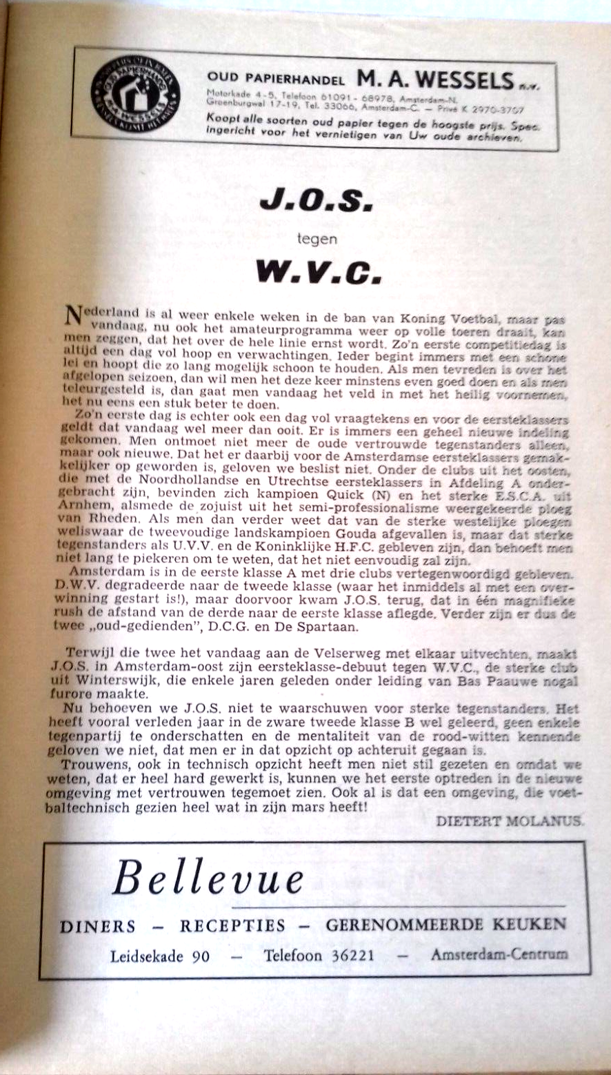 J.O.S. V W.V.C. Match Programme Eerste Klass A Amateur 11th September 1960.