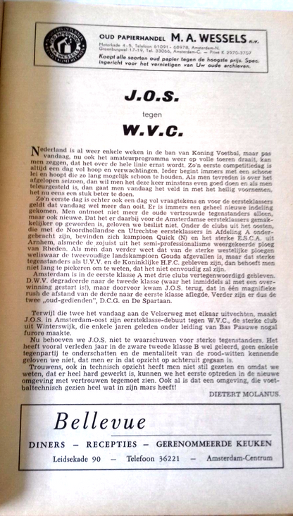 J.O.S. V W.V.C. Match Programme Eerste Klass A Amateur 11th September 1960.