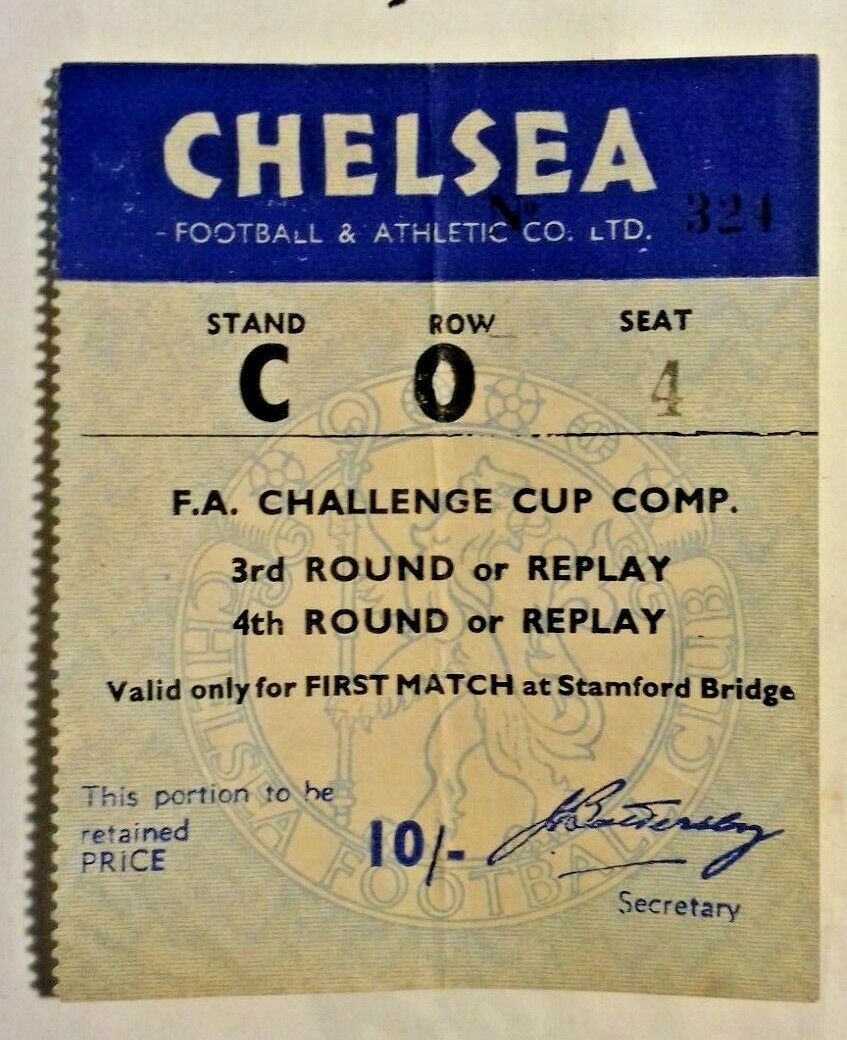 Chelsea v Darlington Ticket F.A. Cup 4th Round Tuesday 25/1/1958 Stamford Bridge.