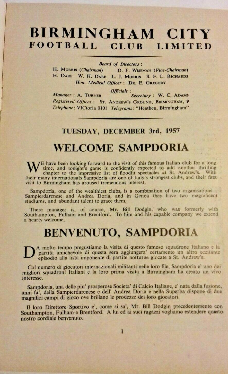 Birmingham City v Sampdoria Floodlit Friendly Used Football Programme 3/12/1957  St .Andrews.