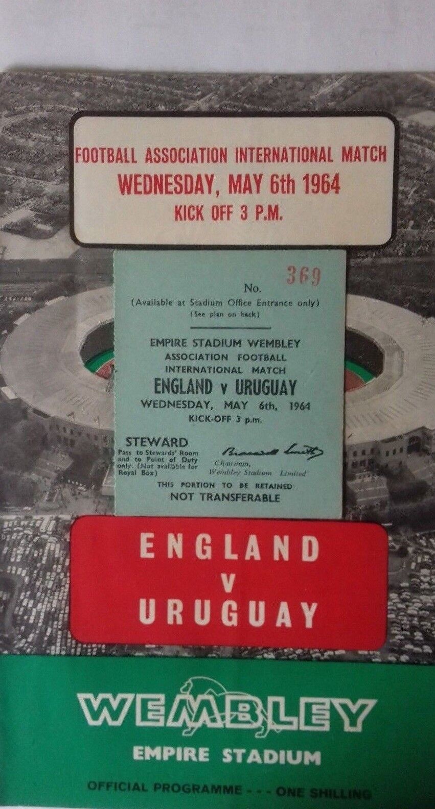 England v Uruguay Wednesday 6th May 1964 Programme & Stewards Ticket