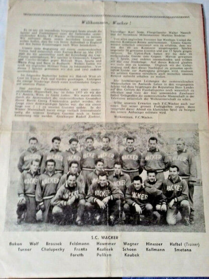 West Ham Utd v S.C. Wacker (Austria) Used Programme Friendly 19/10/1954