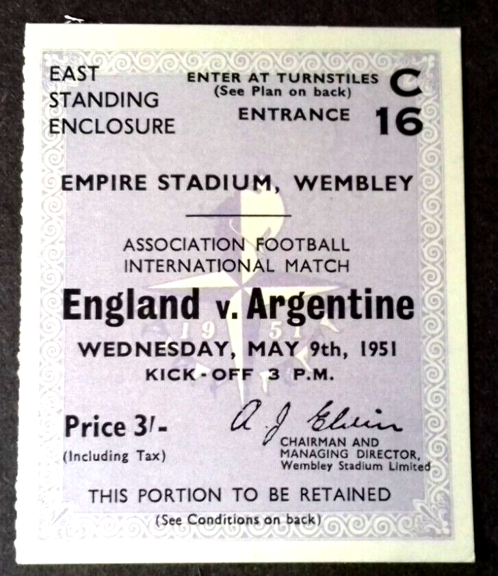 England v Argentina Match Ticket International Wednesday. May 9th 1951 Wembley.