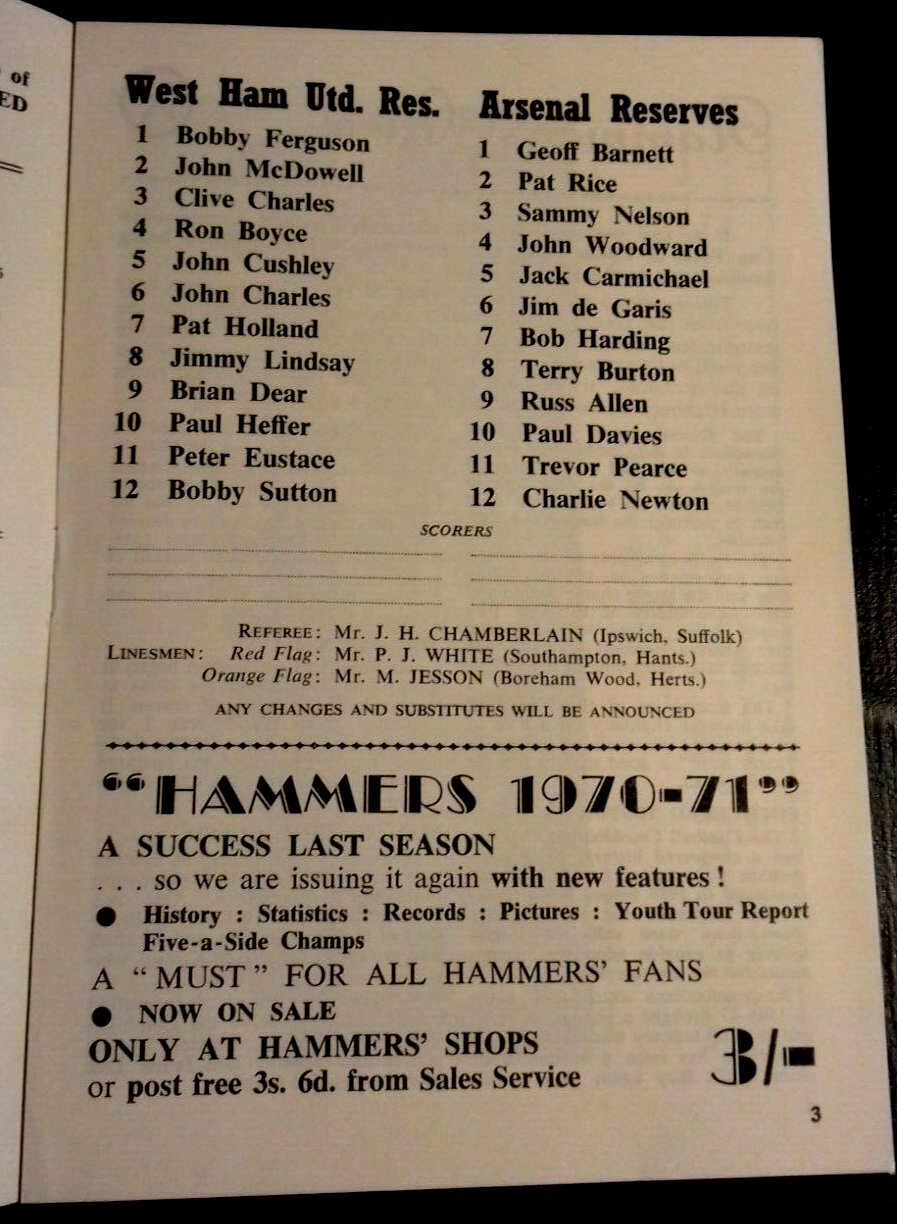 West Ham Reserves v Arsenal Reserves Football Match Football Comb Cup Final 1969/1970 1st Leg 24/8/1970.