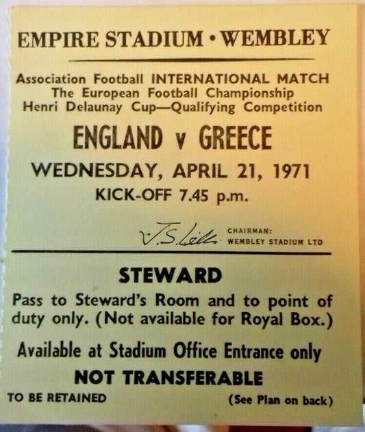 England v Greece European Championship Qualifier  Stewards Ticket 21/4/1971.